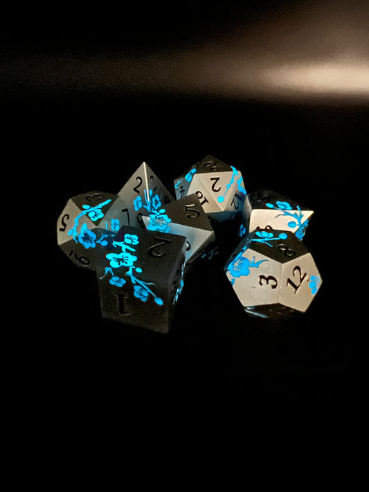 GLOW Silver and Blue Plum Blossom Dice