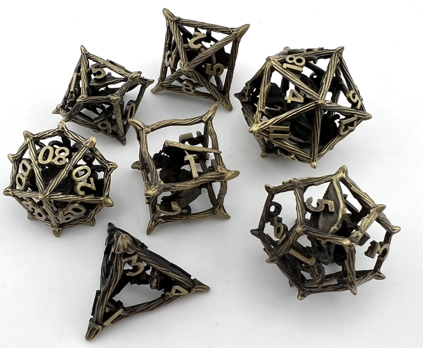 CR-02 Ancient-Bronze, Caged-Dragon, Rattan Series, Hollow-Metal Dice Set