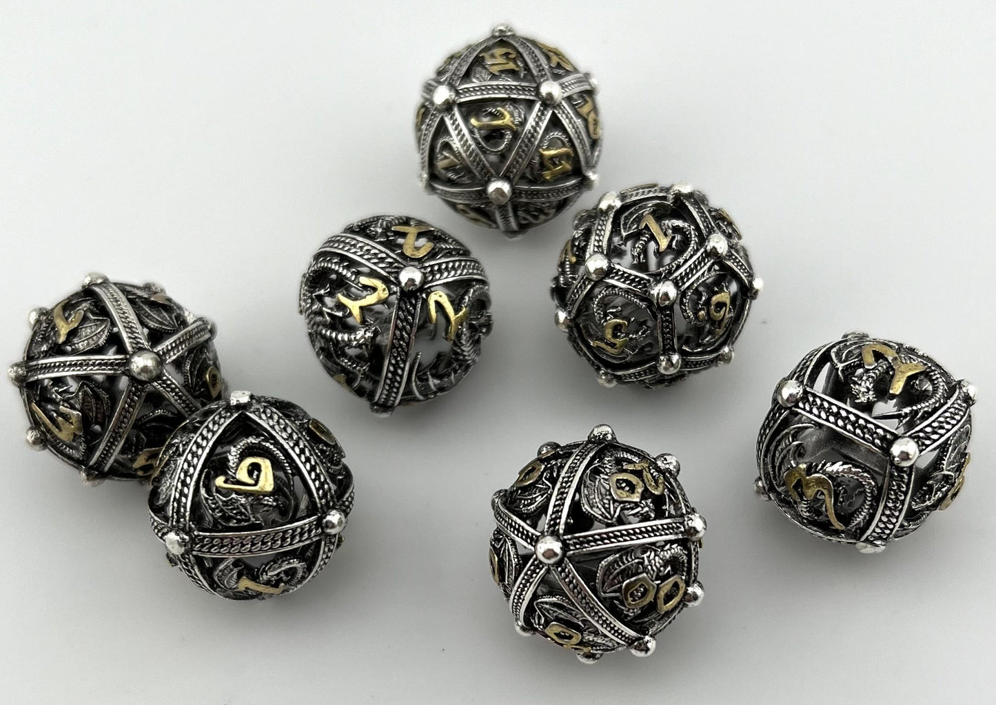 HS-04 Ancient-Silver, Spherical, Hollow-Metal Dice Set