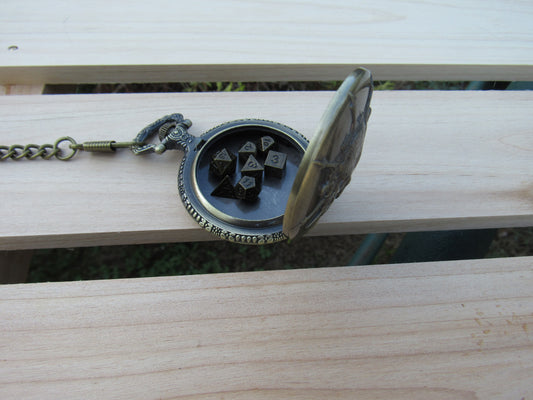 Tiny Dice in Skull Pocket Watch Case