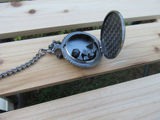 Tiny Dice in Antique Silver D20 Dragon Pocket Watch Case