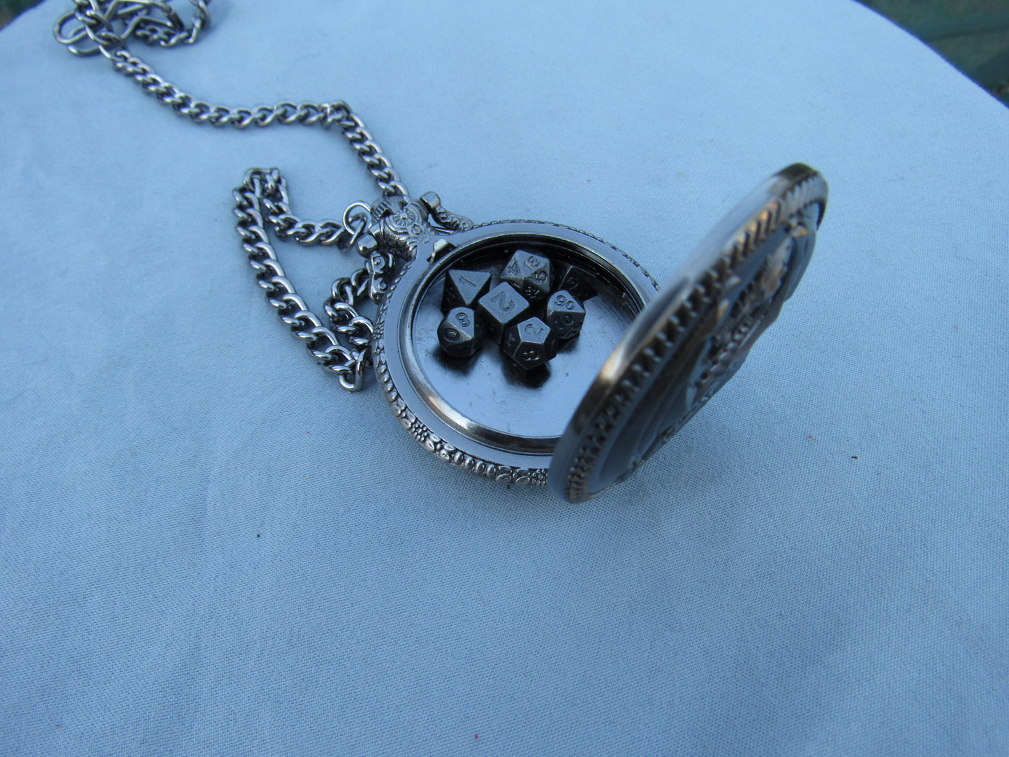 Tiny Dice in Antique Silver D20 Dragon Pocket Watch Case
