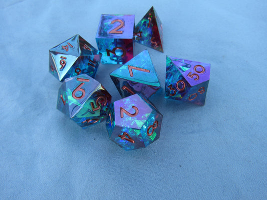 Dark Teal and Red Iridescent Sharp Resin Dice