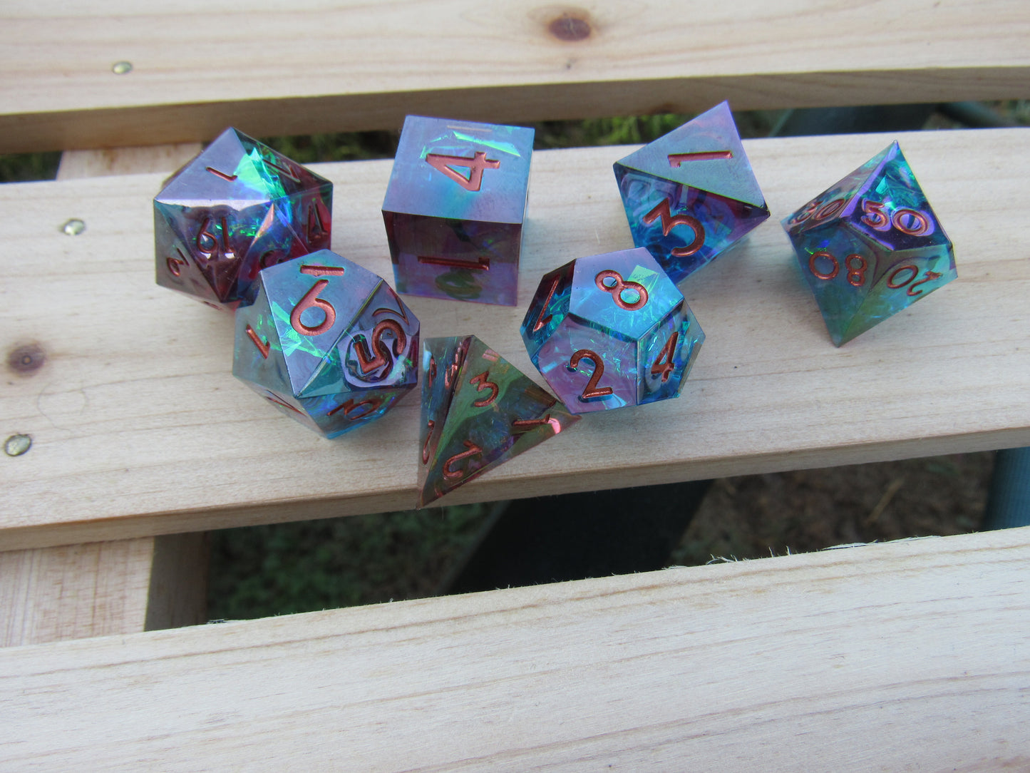 Dark Teal and Red Iridescent Sharp Resin Dice