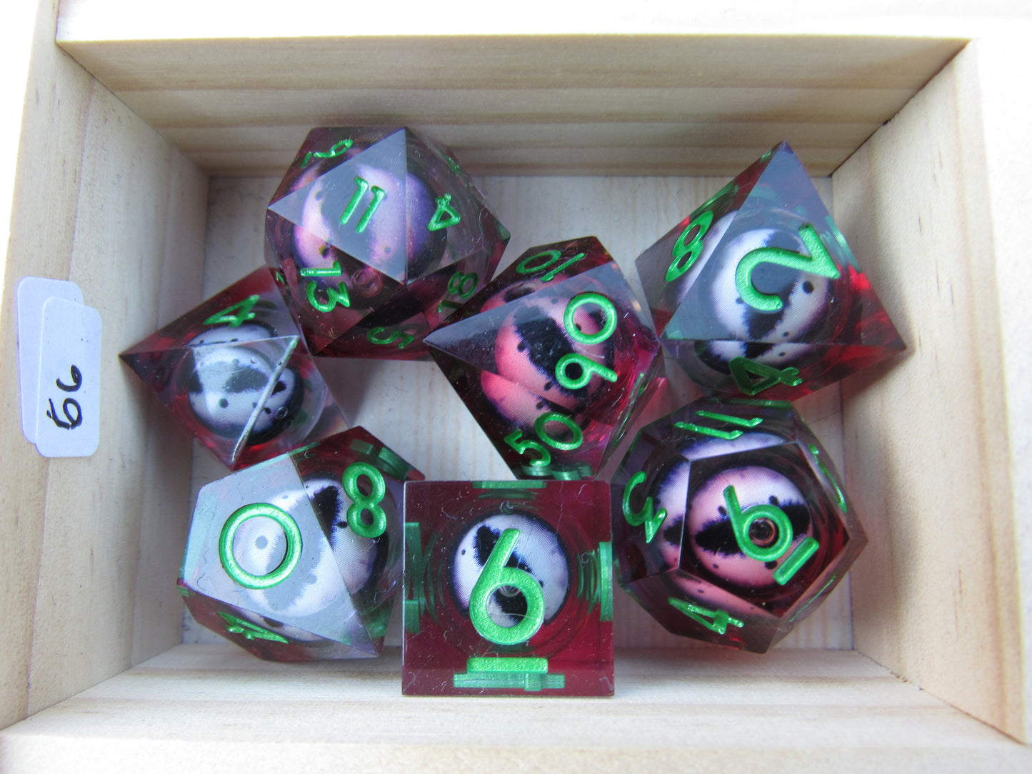 Purple, Red, and Green Eyeball Liquid Core Sharp Resin Dice
