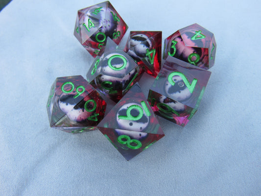 Purple, Red, and Green Eyeball Liquid Core Sharp Resin Dice