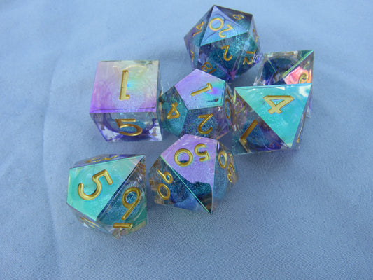 Light Teal and Purple Iridescent Liquid Core Sharp Resin Dice
