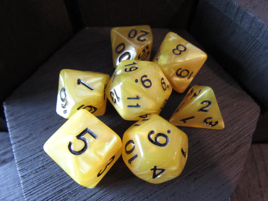 Yellow polyhedral dice set on a dark surface