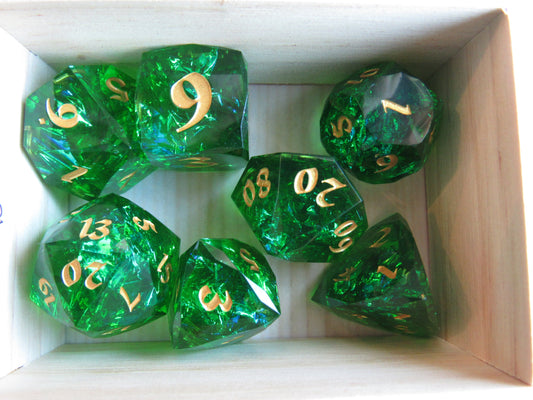 Green dice with gold numbers in a wooden box gem gemstone crystal cut faceted resin dice