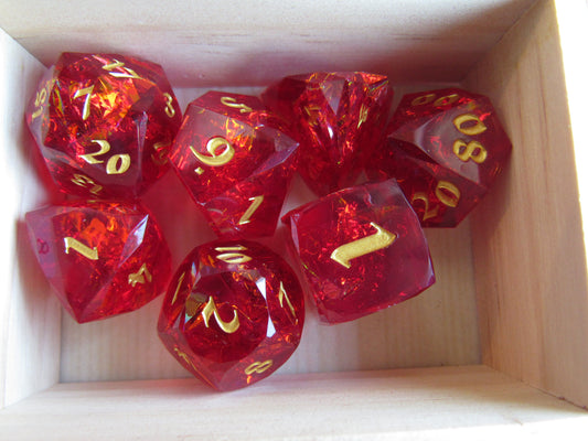Red dice with gold numbers in a wooden box gem gemstone crystal cut faceted resin dice