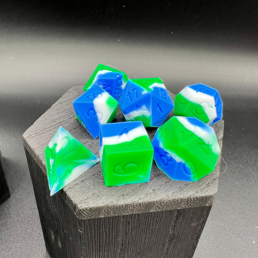 Blue, Green, and White Silicone Dice