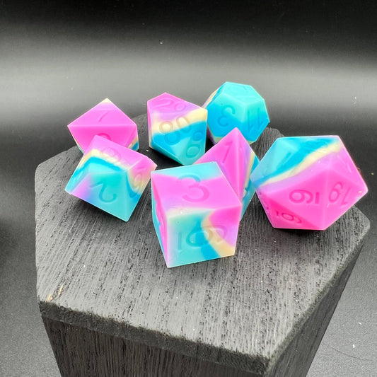 Pink, Yellow, and Blue Silicone Dice