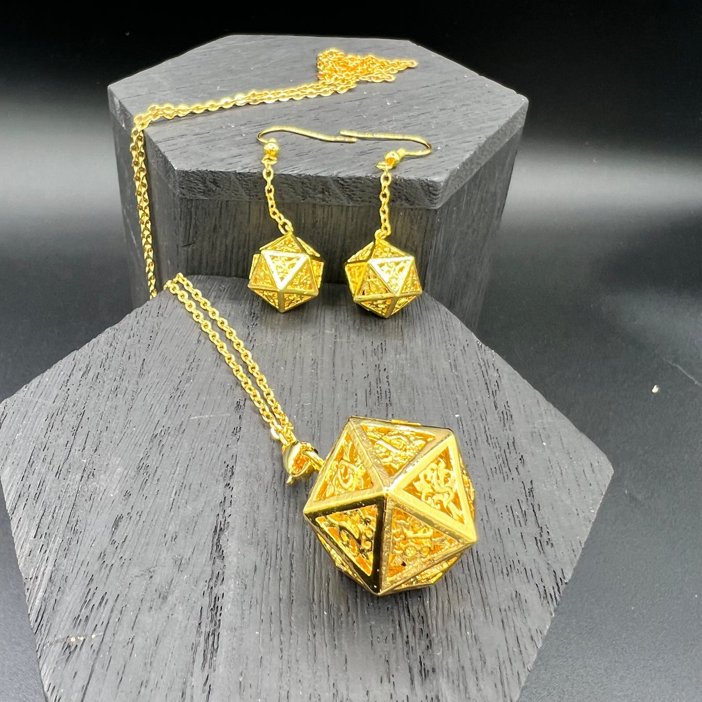 Gold D20 Necklace and Earring Set