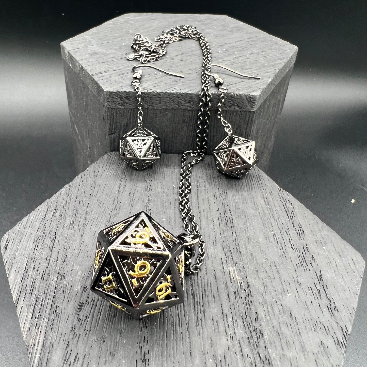 Gunmetal D20 Necklace and Earring Set