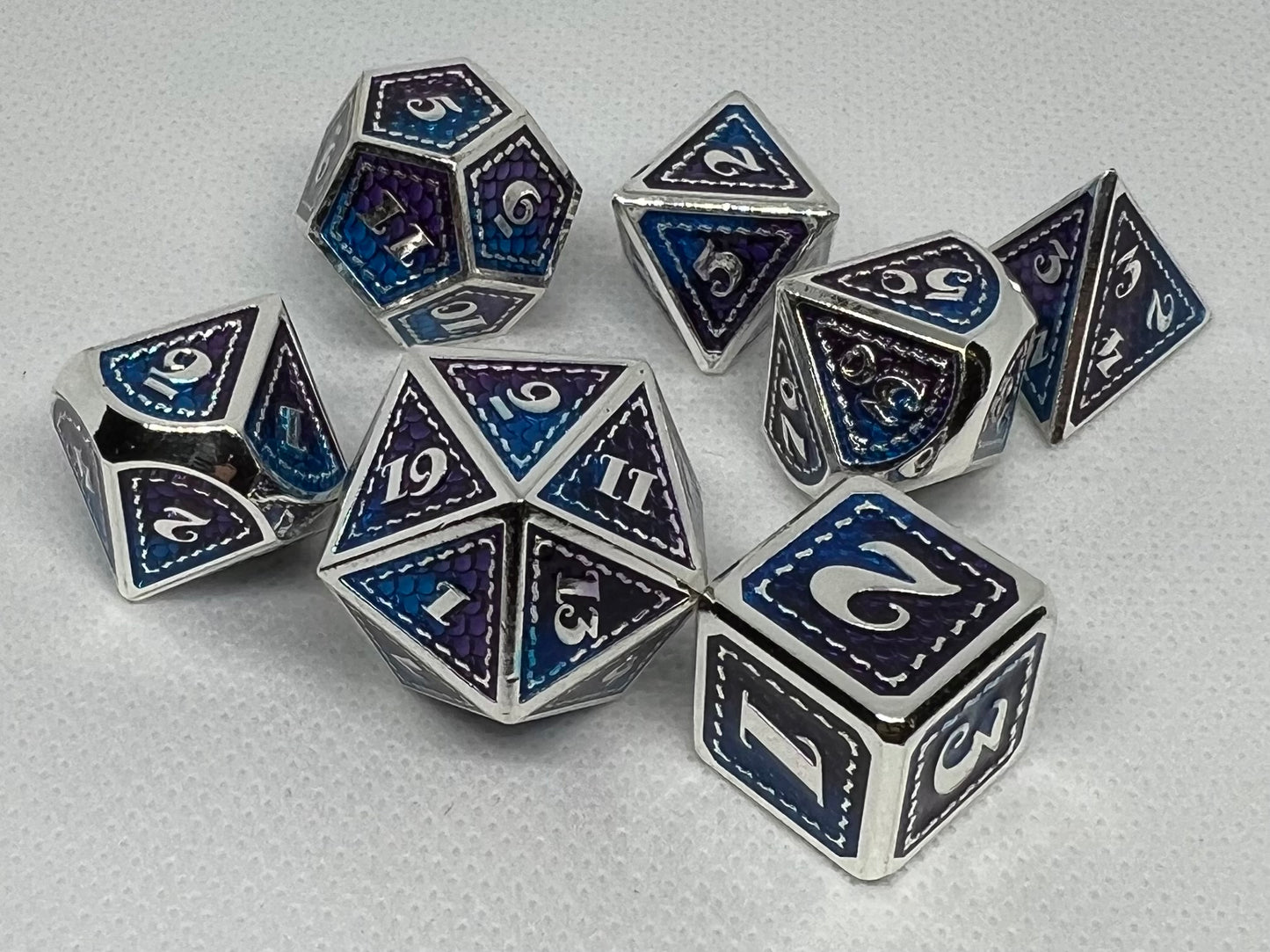 Blue, Purple, and Silver Classic Dragon Scale Dice