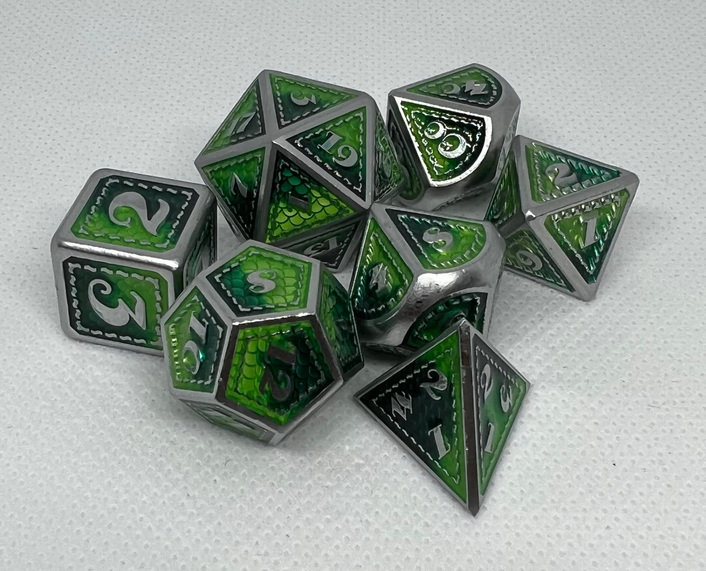 Green, Teal, and Silver Classic Dragon Scale Dice