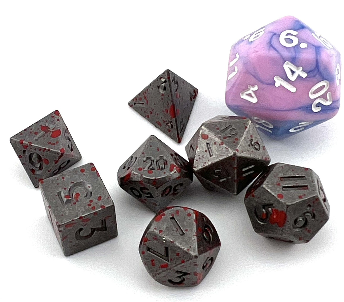 MM-12 Ancient-Silver-With-Blood-Splatter, Mini (10 MM) Metal Dice Set