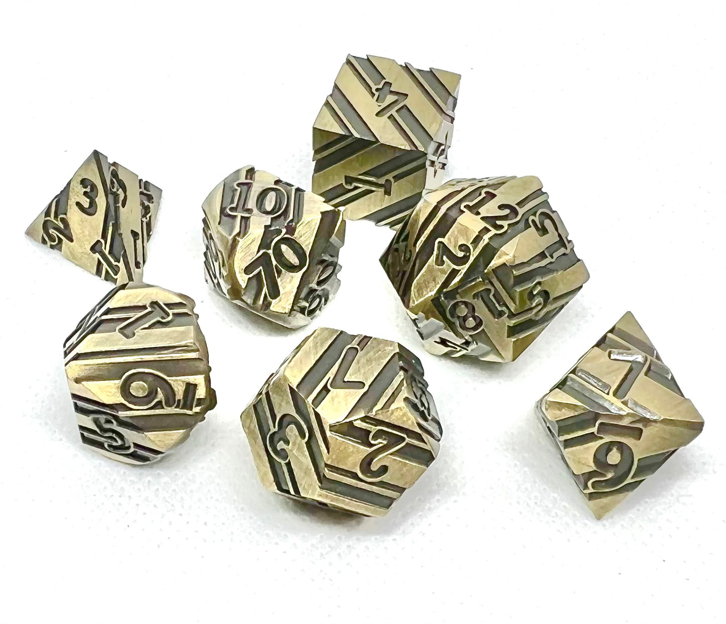 SM-02 Ancient-Brass, Striped-Metal Dice Set