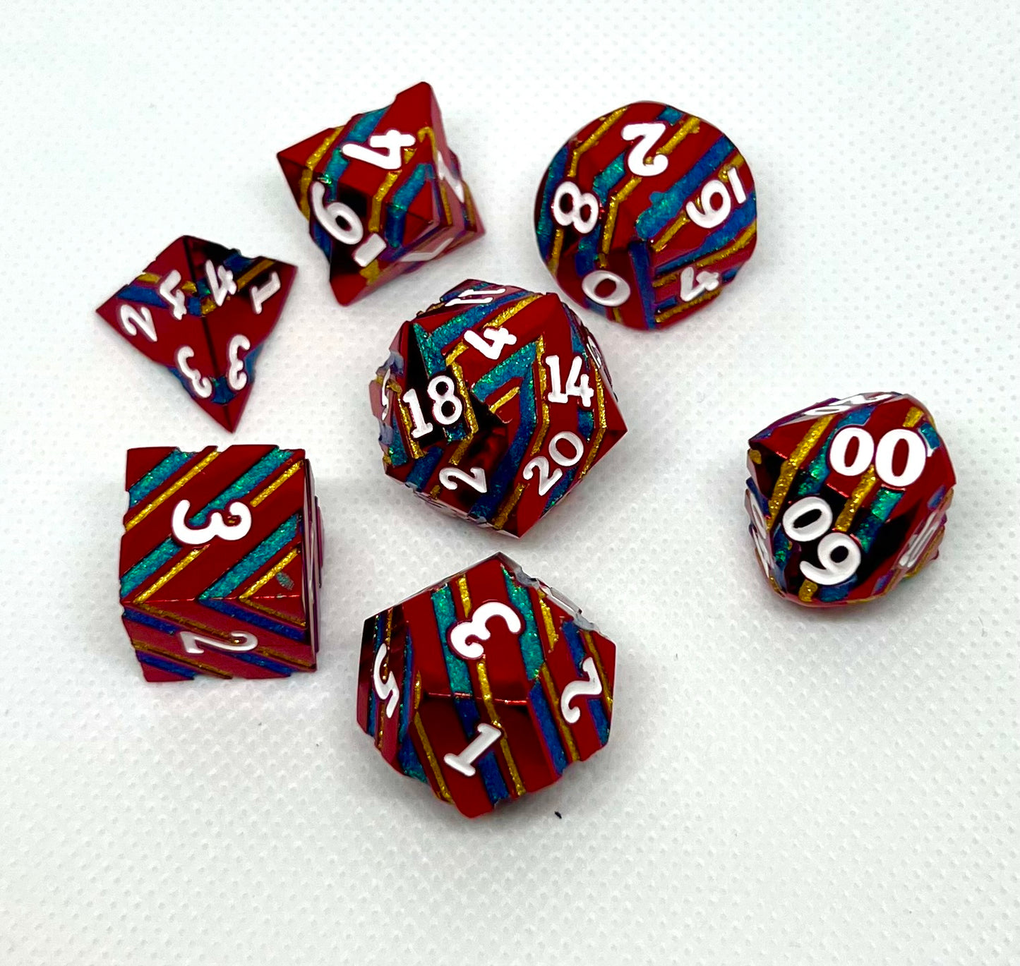 Red, Blue, and Gold Striped Dice