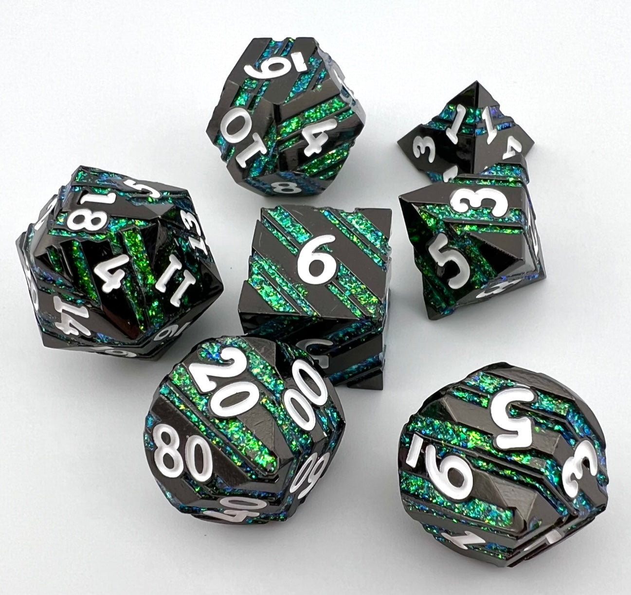 Gunmetal and Green Striped Dice