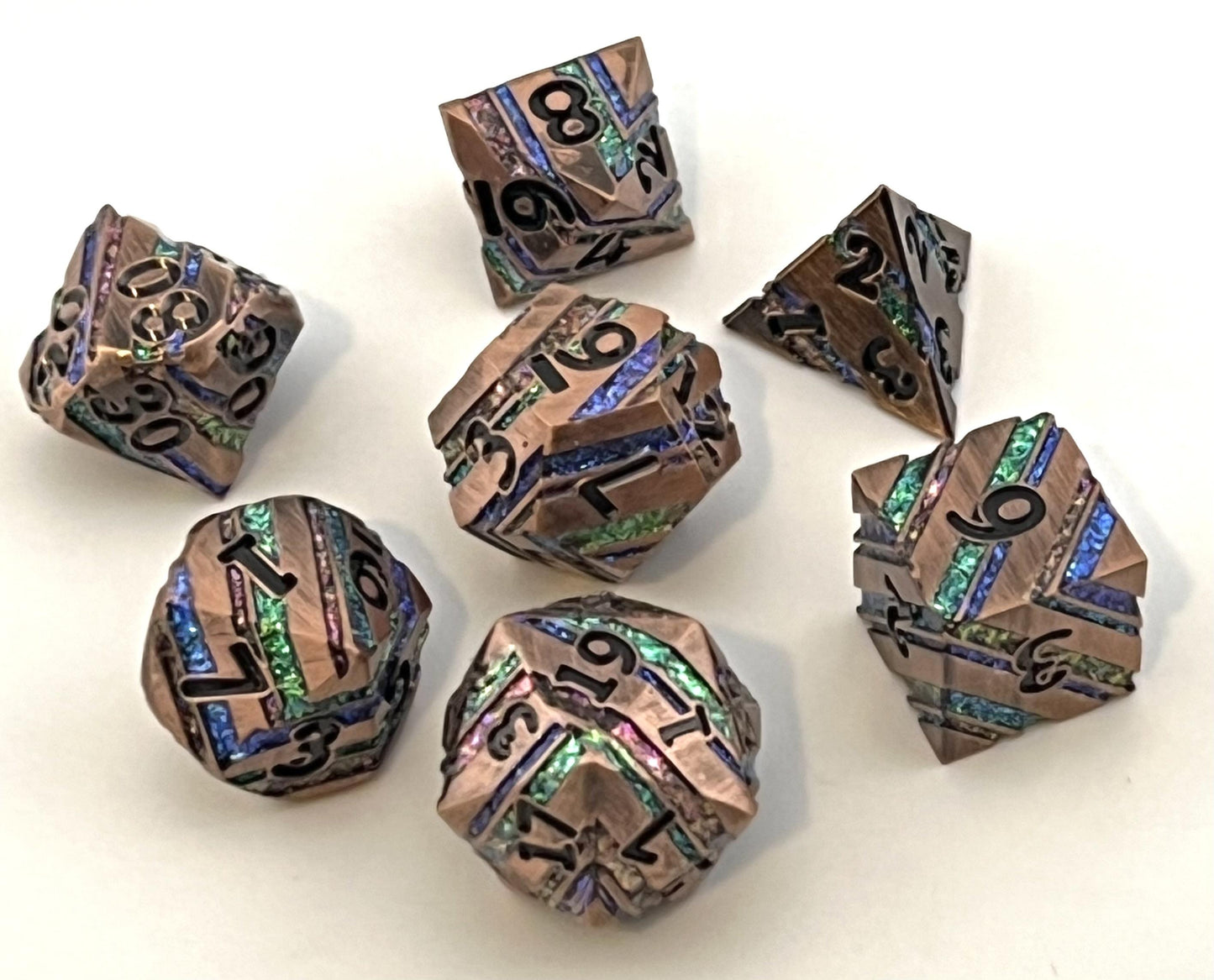 Copper and Multicolor Striped Dice