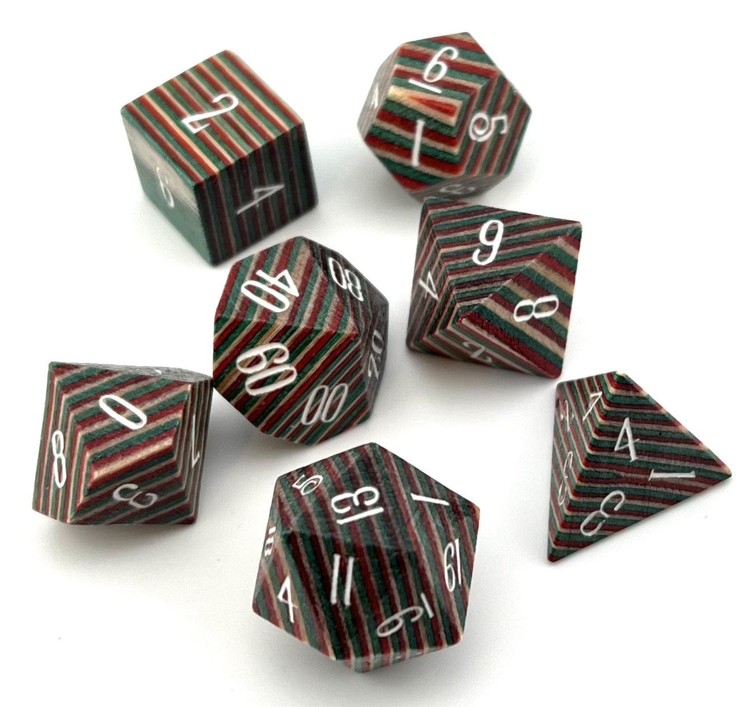 Green, Red, and Cream Laminated Wood Dice
