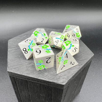 GLOW Silver and Green Plum Blossom Dice