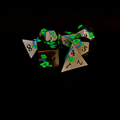 GLOW Silver and Green Plum Blossom Dice