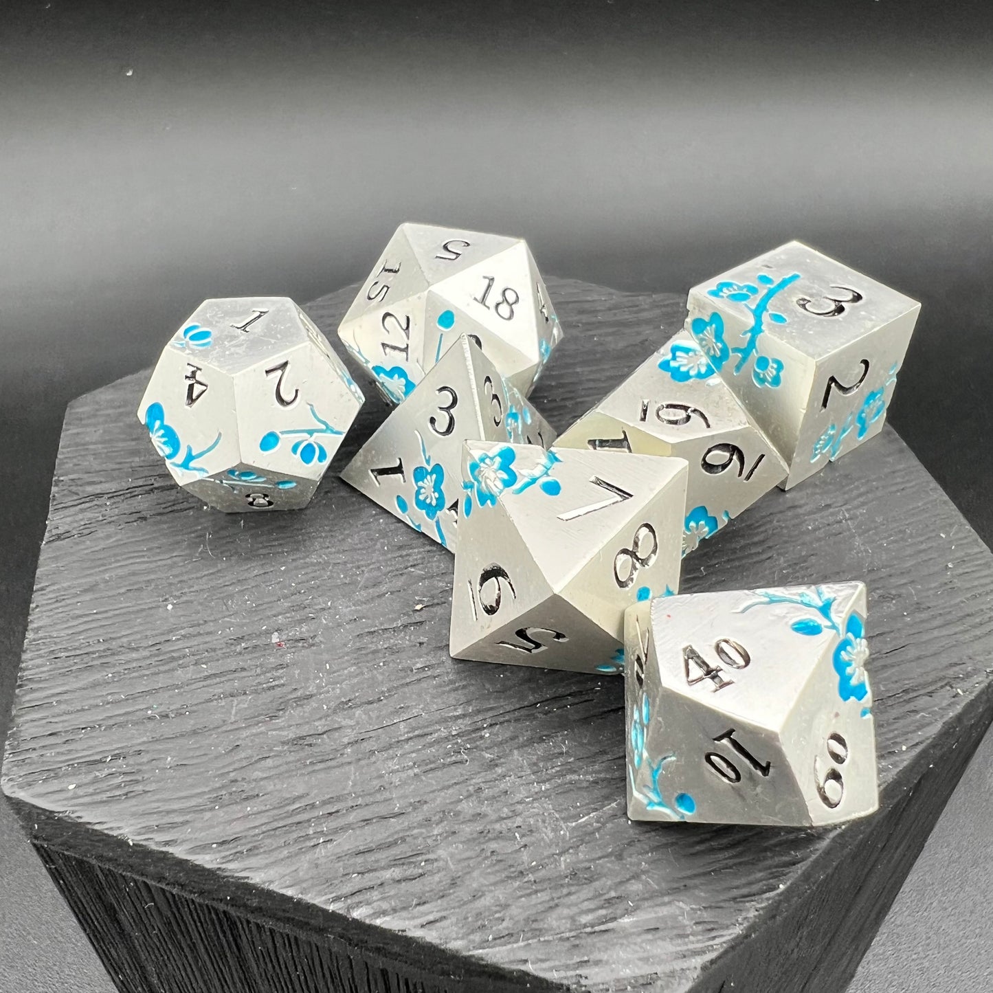 GLOW Silver and Blue Plum Blossom Dice