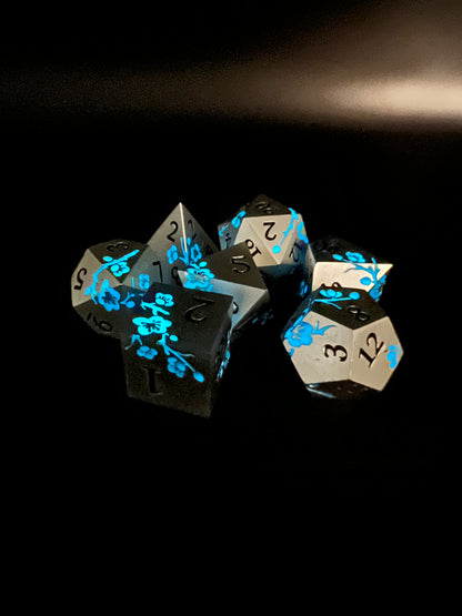GLOW Silver and Blue Plum Blossom Dice