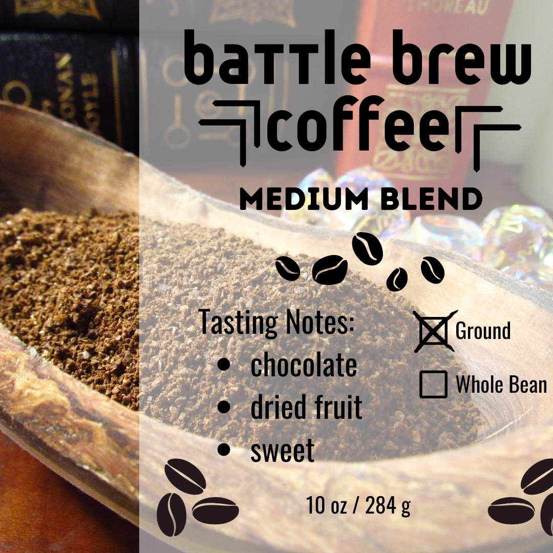 Battle Brew Coffee packaging with coffee grounds in a wooden scoop