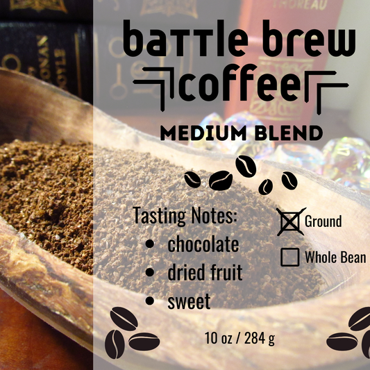 Battle Brew Coffee packaging with coffee grounds in a wooden scoop
