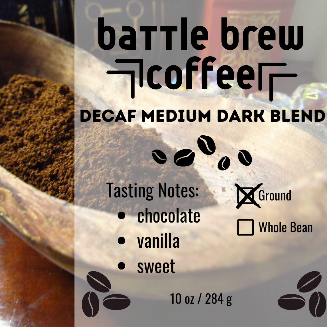 Decaf coffee blend packaging with a scoop of ground coffee.
