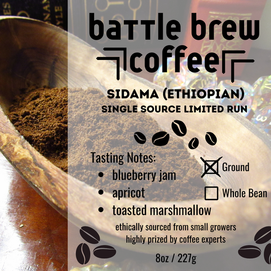 Battle Brew Coffee Sidama Ethiopian coffee packaging with wooden scoop and coffee grounds.