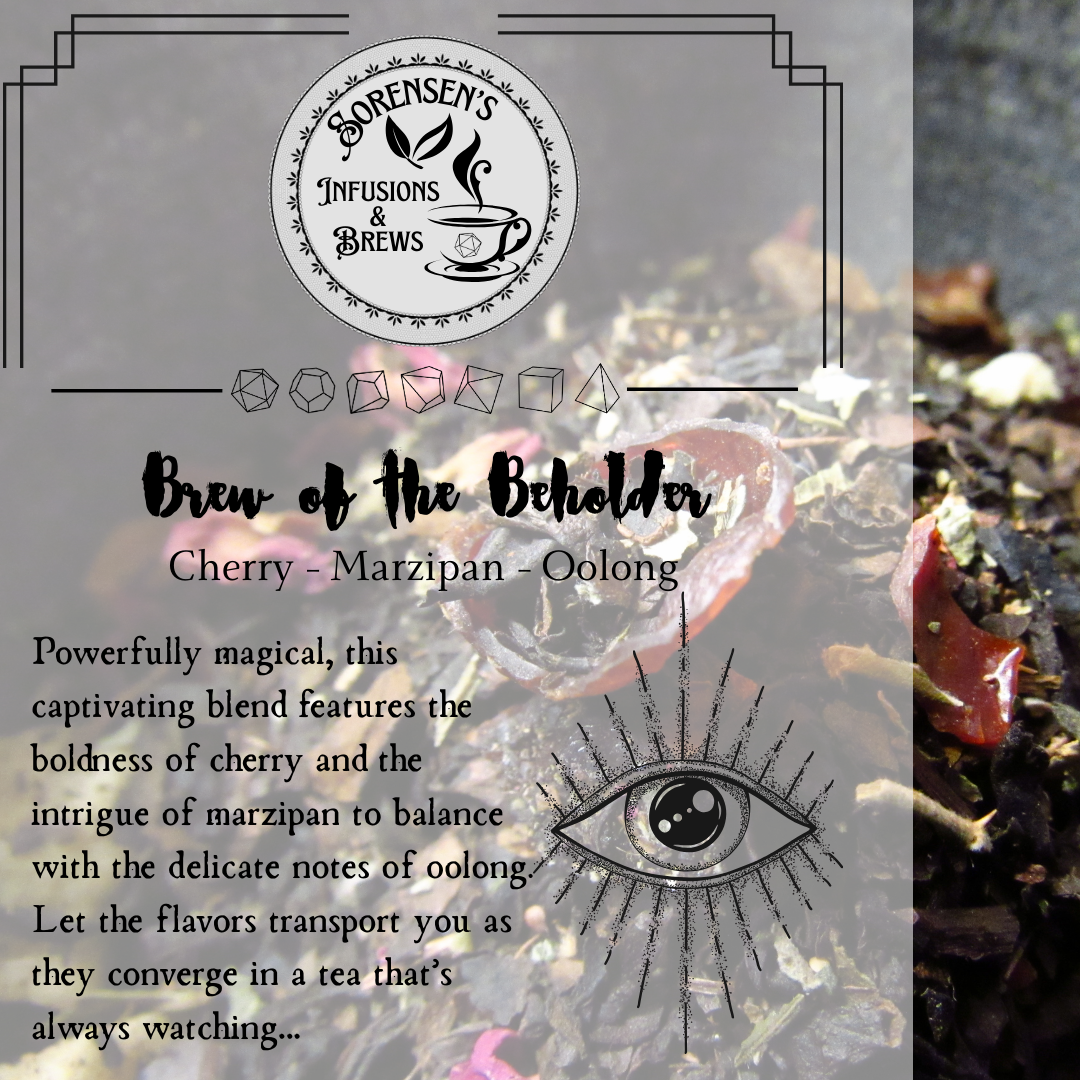 Tea label with cherry marzipan oolong tea blend and Sorensen's Infusions & Brews logo.