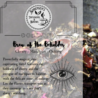 Tea label with cherry marzipan oolong tea blend and Sorensen's Infusions & Brews logo.