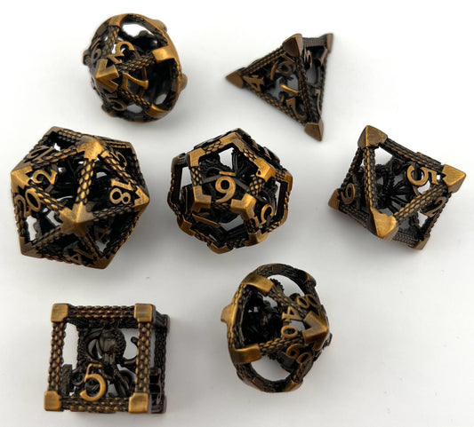 CO-02 Ancient-Gold, Caged-Octopus Series, Hollow-Metal Dice Set