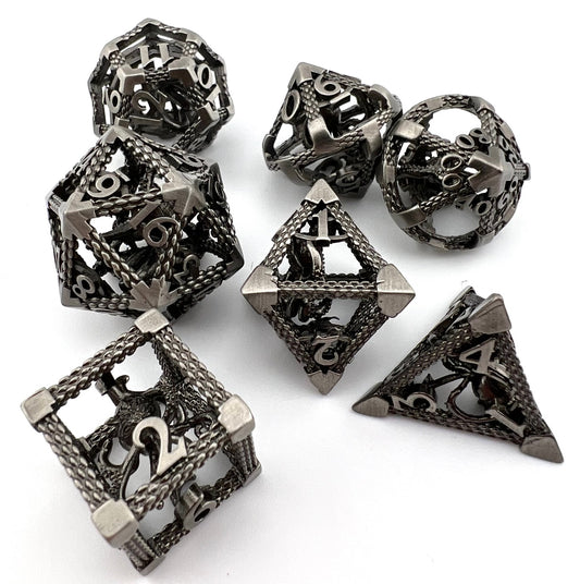 CO-05 Ancient-Silver, Caged-Octopus Series, Hollow-Metal Dice Set