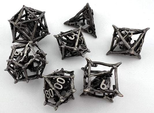 CR-01 Ancient-Silver, Caged-Dragon, Rattan Series, Hollow-Metal Dice Set