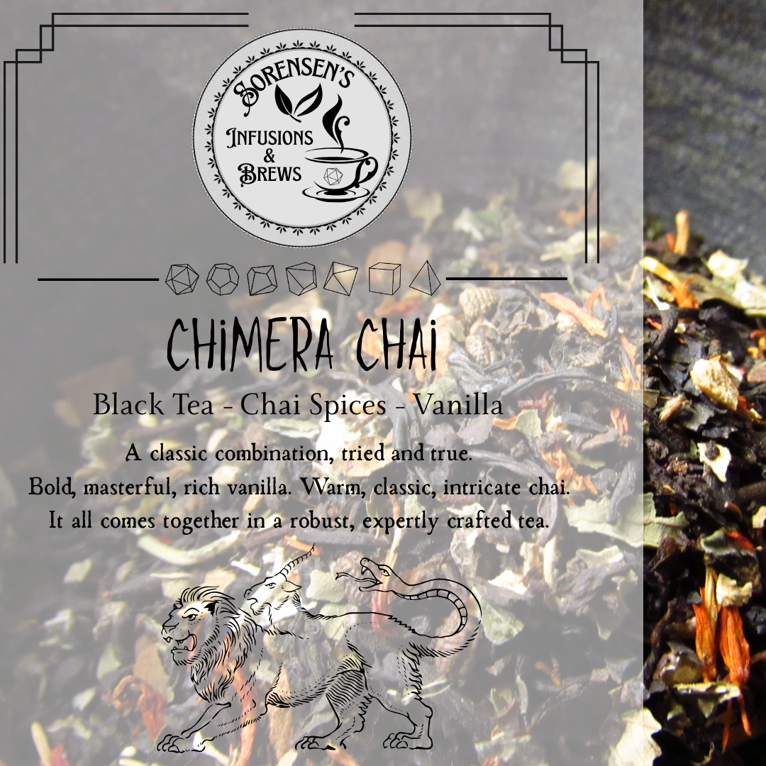 Tea packaging for 'Chimera Chai' with tea leaves and brand logo.