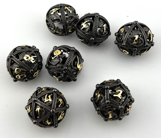 HS-02 Black-With-Gold-Numbers, Spherical, Hollow-Metal Dice Set
