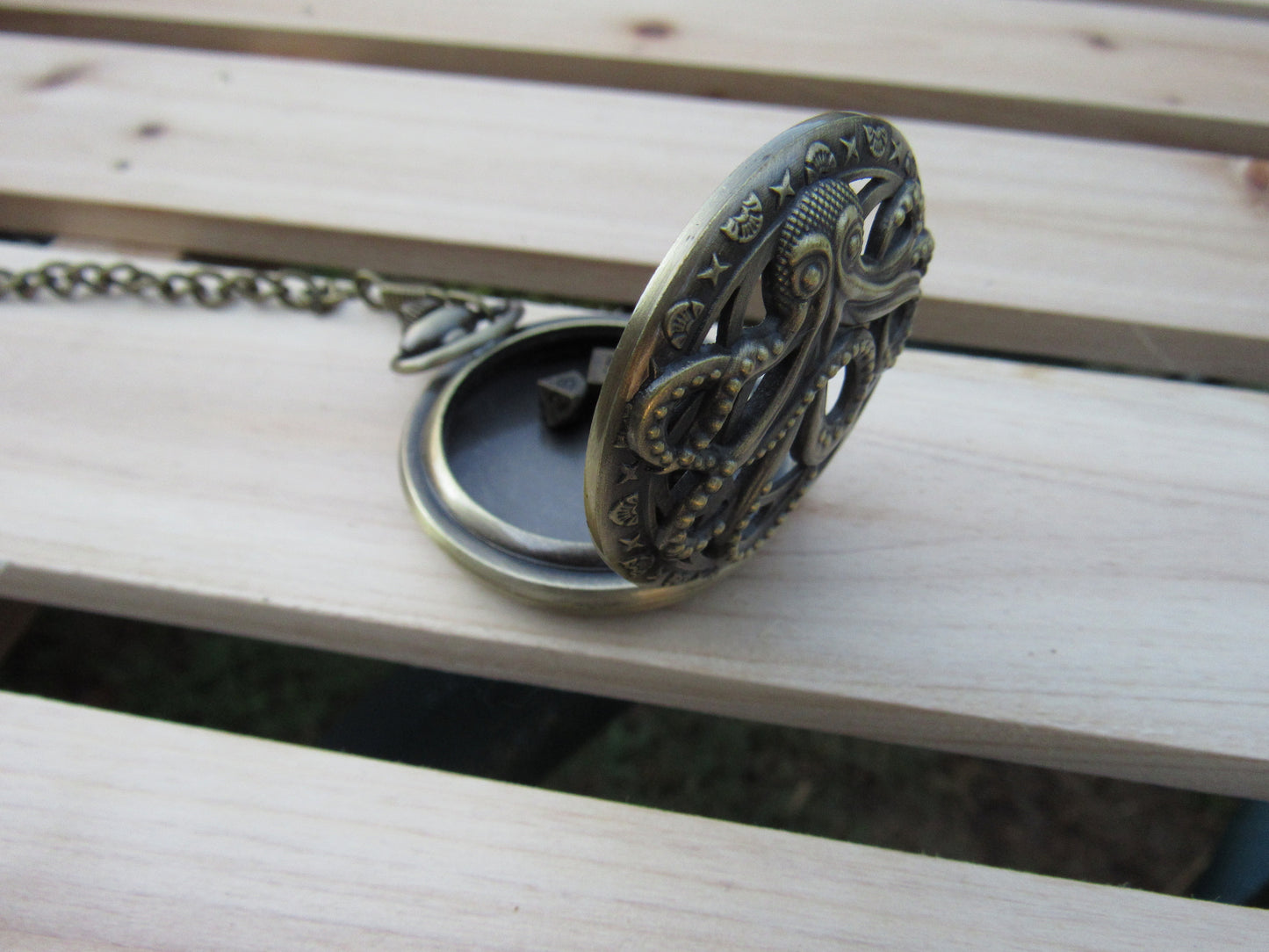 Tiny Dice in Antique Brass Octopus Pocket Watch Case