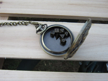Tiny Dice in Antique Brass Octopus Pocket Watch Case