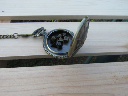 Tiny Dice in Skull Pocket Watch Case