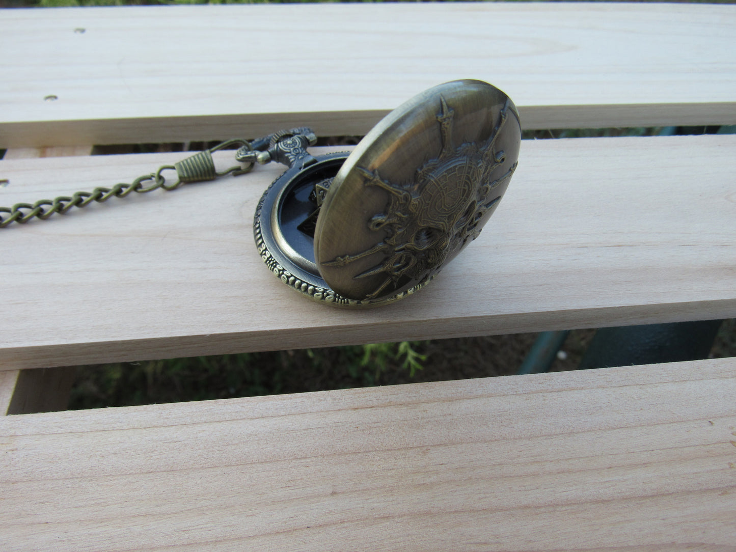 Tiny Dice in Skull Pocket Watch Case