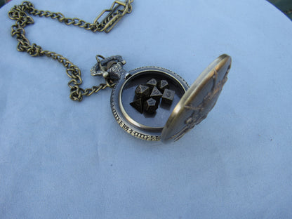Tiny Dice in Skull Pocket Watch Case