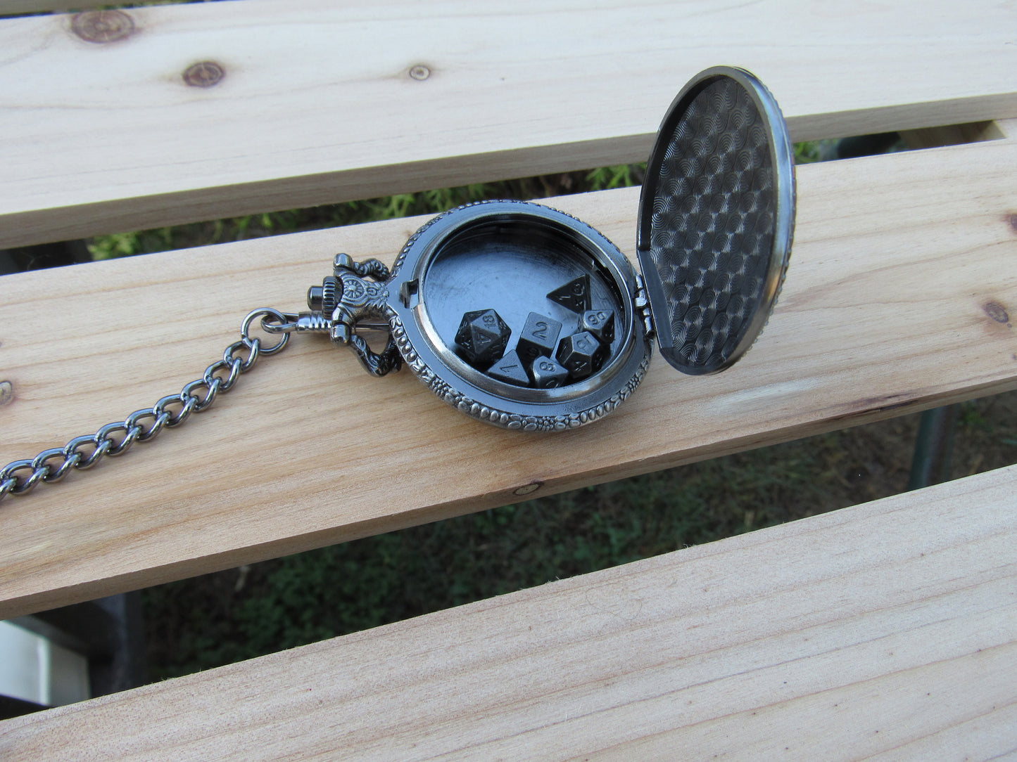 Tiny Dice in Antique Silver D20 Dragon Pocket Watch Case