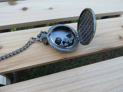Tiny Dice in Antique Silver D20 Dragon Pocket Watch Case