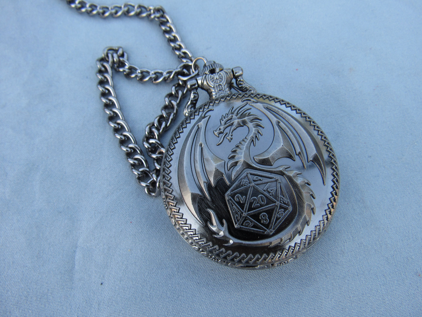 Tiny Dice in Antique Silver D20 Dragon Pocket Watch Case