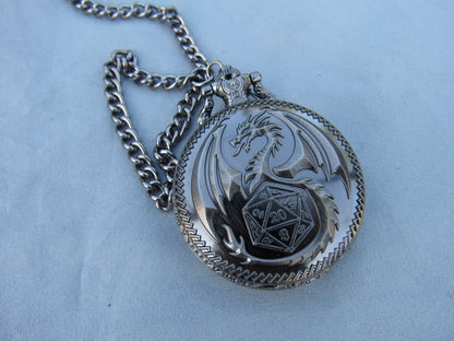 Tiny Dice in Antique Silver D20 Dragon Pocket Watch Case
